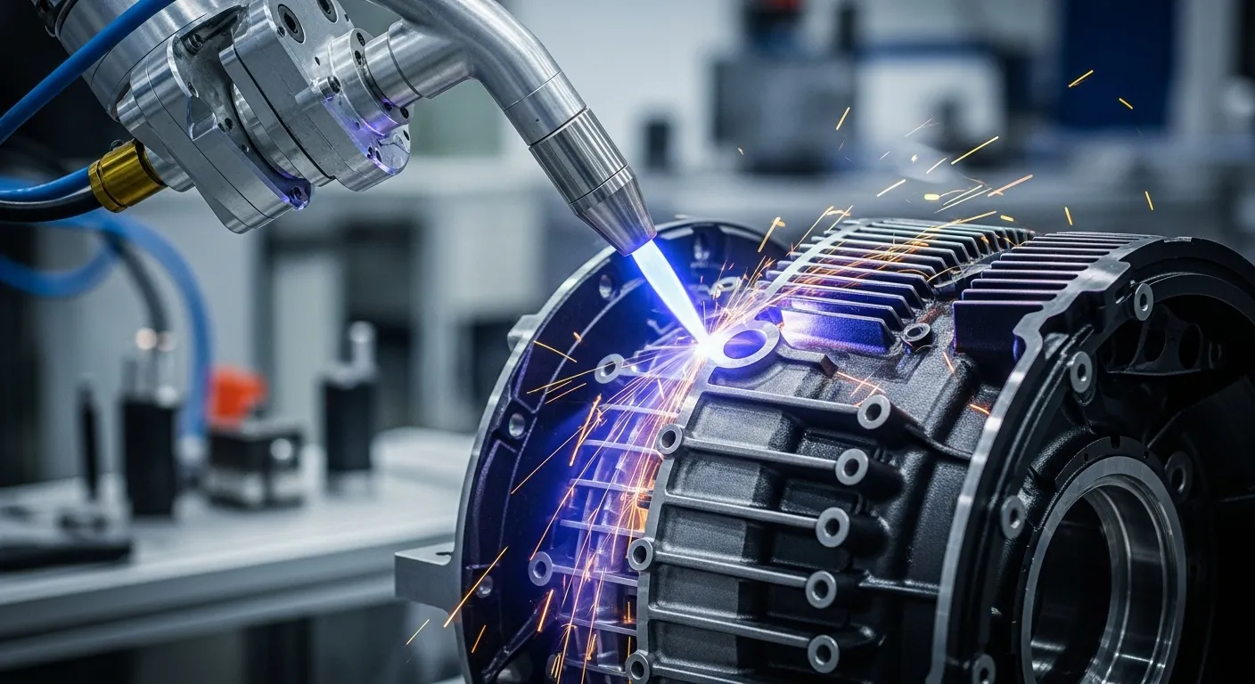 Close-up of a plasma cutting torch creating sparks and blue plasma stream on a metal surface.