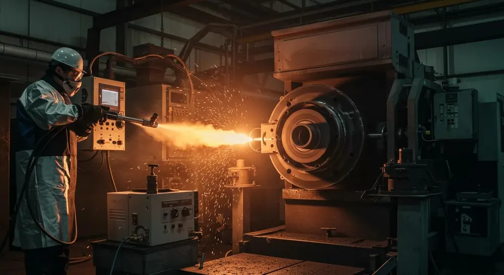 Plasma spray technician coating an industrial part
