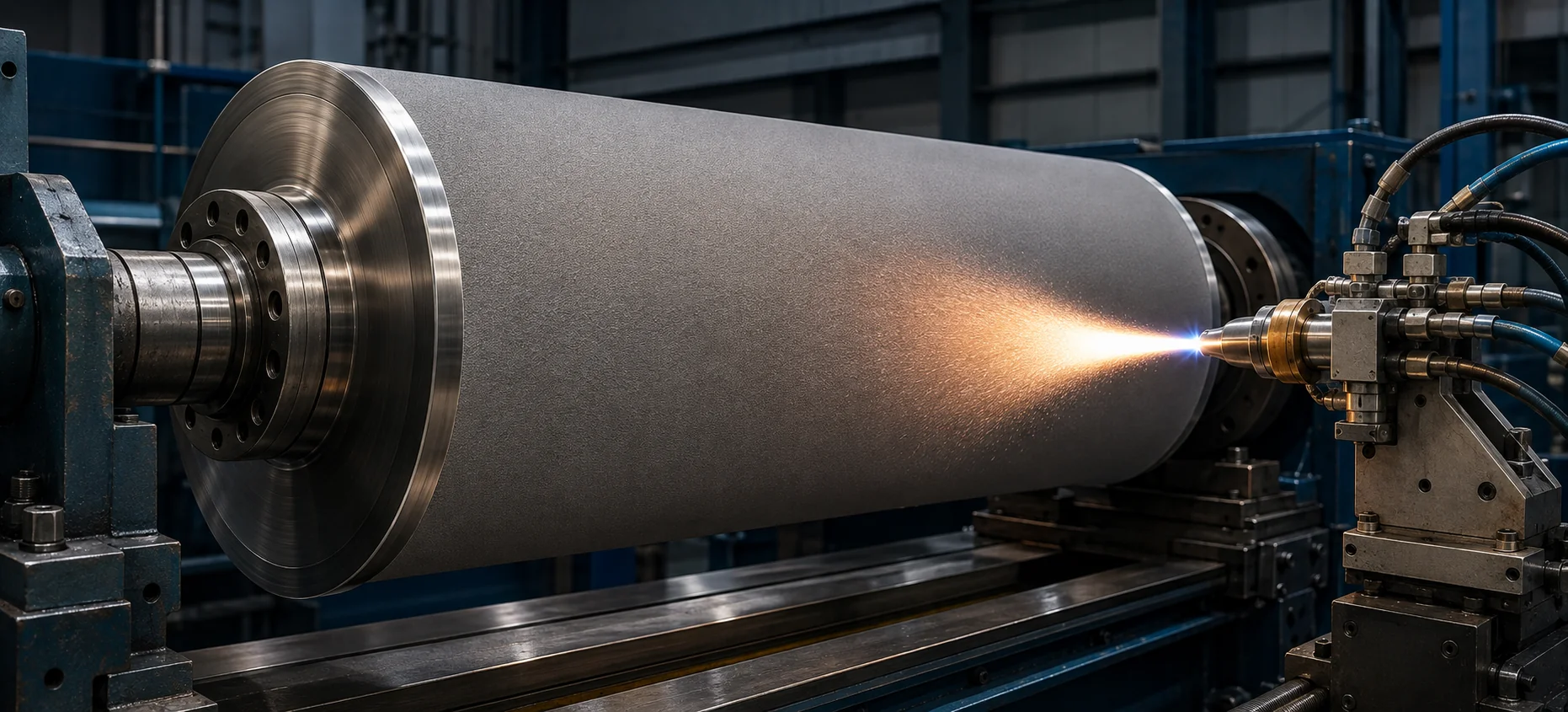 HVAF spray gun applying a coating to a large industrial roll